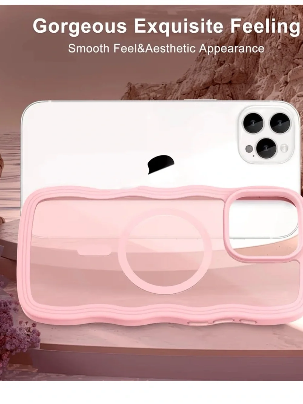 MagSafe Compatible iPhone 16 Pro Max Case - Light Pink Curly Wave Translucent